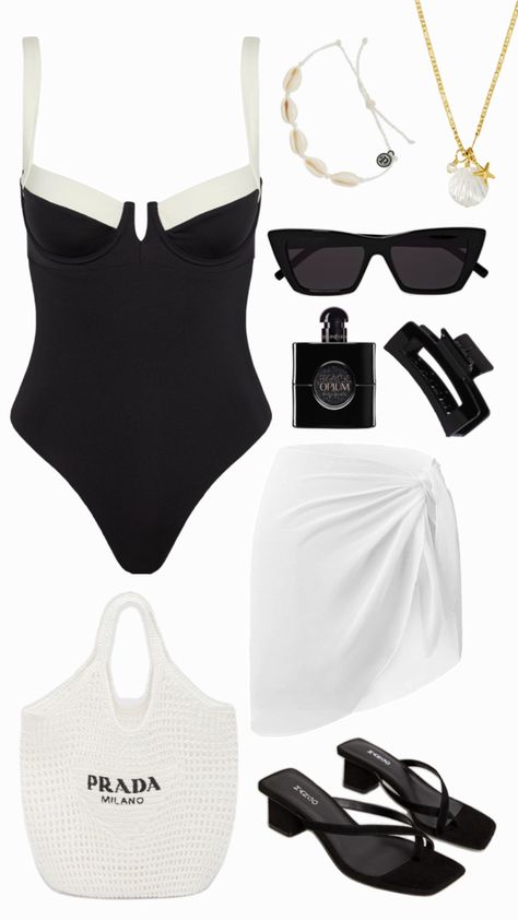 summer outfit inspo, black bathing suit Black Bathing Suit Outfit, Black Bathing Suit Aesthetic, Bathing Suits Baddie Outfits, White Swimsuit Outfit, Bathing Suit Outfits, Travel Fits, Black Bathing Suit, Black And White Swimsuit, Dr Closet