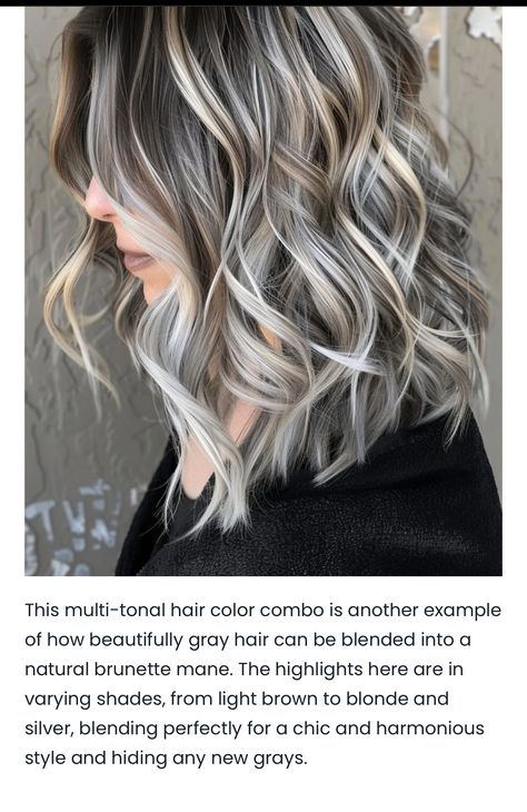 What To Do When Hair Is Turning Gray, Gray Blending With Highlights, Gray Blending Short Hair, Gray Biolage Hair, Grey And Dark Brown Hair, Ashy Beige Highlights On Dark Hair, Silver Underneath Hair, Short Frosted Hair, Gray Blending Hair Highlights Ash Blonde