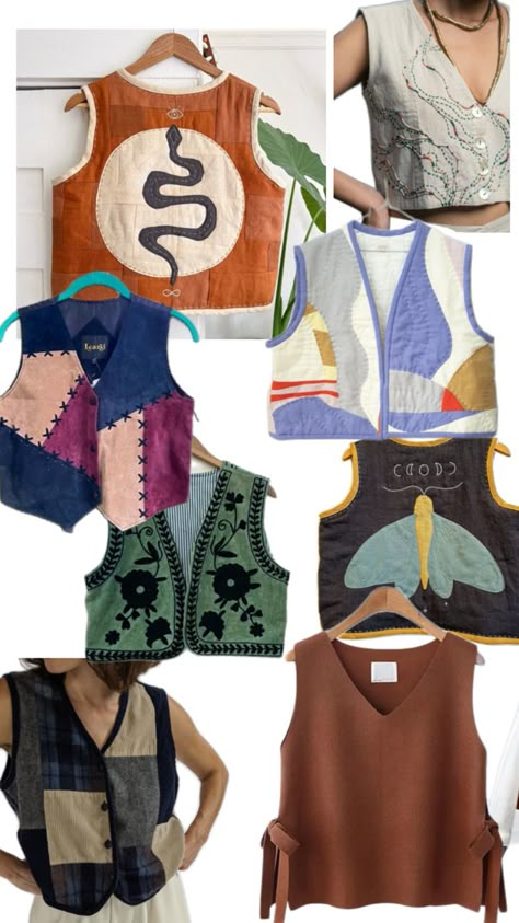 inspiration for patchwork vest with elements of quilting, embroidery, and sewing Diy Quilted Vest, Quilted Vest Sewing Pattern, Vest Sewing Pattern Free, Patchwork Skirt Diy, Quilted Vest Pattern, Vest Patterns For Women Sewing, Quilted Jacket Pattern Free, Patchwork Upcycling, Patchwork Clothes Diy