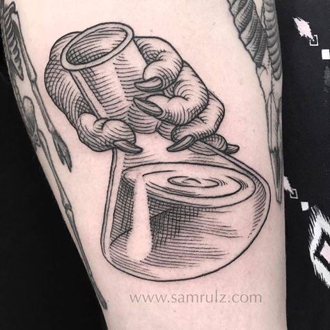 Creepy little Raccoon paw holding a conical flask containing a mysterious liquid on Victoria, who is getting married super soon!! All the best with becoming Wife & Wife you amazing ladies!! Flask Tattoo, Raccoon Paws, Conical Flask, Engraving Tattoo, Pisces Tattoos, Flask, Skull Tattoo, Tattoo Artists, Tattoos