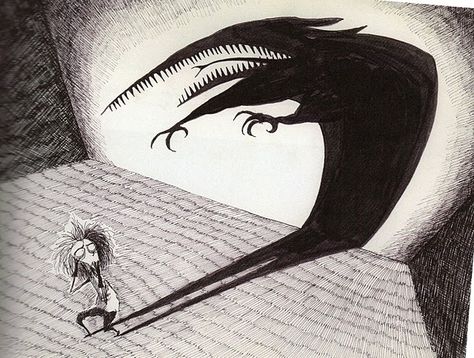 Tim Burton's "Vincent" Tim Burton Exhibit, Tim Burton Artwork, Tim Burton Drawings, John Kenn, Shadow Monster, Childhood Fears, Shadow Illustration, Tim Burton Style, Tim Burton Art