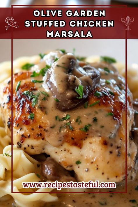 This Olive Garden-inspired Stuffed Chicken Marsala features tender chicken breasts filled with a rich blend of cheeses and sun-dried tomatoes, all topped with a savory mushroom Marsala sauce. Perfect for a special dinner or a family gathering, this dish is sure to impress. Olive Garden Chicken Marsala Recipe, Stuffed Chicken Marsala, Mushroom Marsala Sauce, Mushroom Stuffed Chicken Breast, Mushroom Marsala, Marsala Sauce, Marsala Chicken Recipes, Tender Chicken Breast, Chicken Marsala