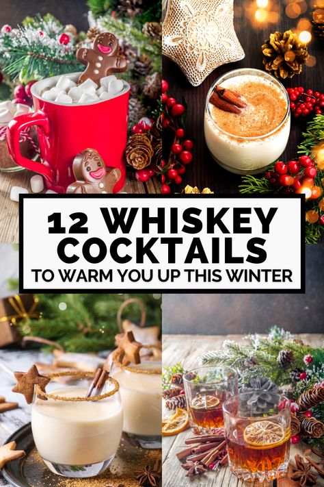 Recipies for 12 delicious whiskey drinks for winter! The best whiskey cocktails for the winter time, including a hot toddy, maple old fashioned, boozy apple cider, and more | Whiskey cocktails, warm whiskey cocktails, winter cocktails, bourbon cocktails, cocktails for winter, best winter cocktails, best winter whiskey drinks, easy winter cocktail recipies, easy whiskey cocktails, cocktails for cold weather Hot Whiskey Drinks Winter Cocktails, Bourbon Drinks Winter, Whiskey Drinks Easy, Warm Whiskey Drinks, Hot Whiskey Drinks, Cocktails For Winter, Boozy Apple Cider, Drinks For Winter, Good Whiskey Drinks