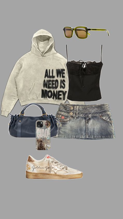 Baddie outfit | Y2K outfit | golden goose trainers | y2k 2000s bag | denim mini micro skirt | black top | all we need is money hoodie | hoodie | leopard print glasses | phone case cute | Leopard Print Glasses, Denim Mini Skirt Y2k, Y2k Denim Skirt, Trainers Outfit, Y2k Baddie, Mini Outfit, Baddie Outfit, Phone Case Cute, Denim Skirt Outfits