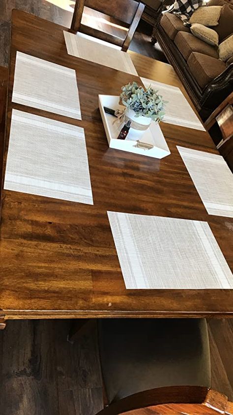 Wooden Table Placemats, Placemats For Dark Wood Table, Table Mats Ideas, Dining Room Table Placemats, Place Mats Ideas Dining Rooms, Dining Room Placemats, Wicker Chargers, Dark Brown Dining Table, Dining Place Mats