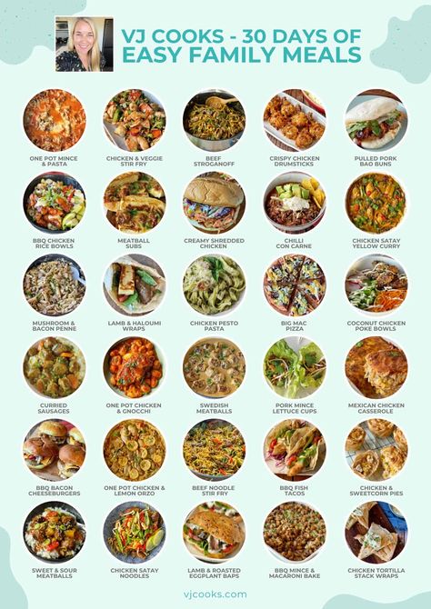 A 33 page ebook with 30 family friendly dinner recipes. Perfect for meal planning and helping to decide what's for dinner. 30 Day Meal Plan For Family, Family Menu Ideas, Family Friendly Dinner Recipes, Vj Cooks, 30 Day Meal Plan, Plan Board, Family Friendly Dinners, Family Meal Planning, Disney Recipes