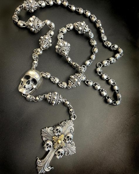 beautiful & massive silver skull rosary by Mortis Ores Jewelery 1 pound of badassery 👊🏻😎👊🏻 available only and exclusively in our Webshop www.MortisOres.com 🤘🏻💀🤘🏻💀🤘🏻💀🤘🏻💀🤘🏻💀🤘🏻 #skull #skulls #skulllover #skullart #skullartwork #925silver #rosary #rosarybeads #necklace #bikerjewelry #biker #bikerstyle #silverchain #jewlerydesigner #silversmith #jewleryoftheday #badass #rockstyle #mementomori #silvernecklace #beaded #instajewellery #mensjewelry #mensfashion #rosary #gothicstyle #gothic #crosspen... Skull Rosary, Gothic Elegance, Bold Statement Jewelry, Gothic Cross, Biker Jewelry, Skull Lover, Rosary Necklace, Edgy Style, A Skull