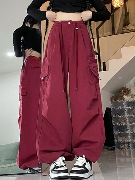 Red Casual Collar  Fabric Plain Jogger Embellished Non-Stretch Fall Women Clothing Red Outfits For Women, Cargo Pants With Pockets, Women's Cargo Pants, Video Shoot, Pants With Pockets, Women Cargos, Cargo Pants Women, Red Outfit, Cargo Pants