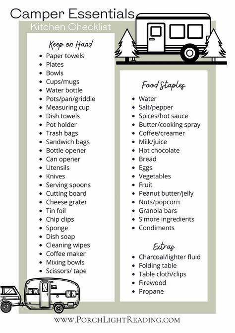 47 RV Kitchen Supplies | Free Printable Checklist – Porch Light Reading Trailer Supplies List, Rv Supplies Checklist, Rv Checklist Rv Packing, Camper Checklist Travel Trailers, First Time Camper Checklist, Rv Set Up Checklist, Caravan List, Rv Checklist Free Printable, Caravan Checklist