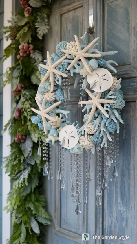 Coastal Wreath Diy, Beach Wreath Ideas, Seaside Wreath, Coastal Christmas Wreath, Coastal Wreaths, Welcoming Front Door, Christmas At Work, Seashell Art Diy, Christmas At The Beach