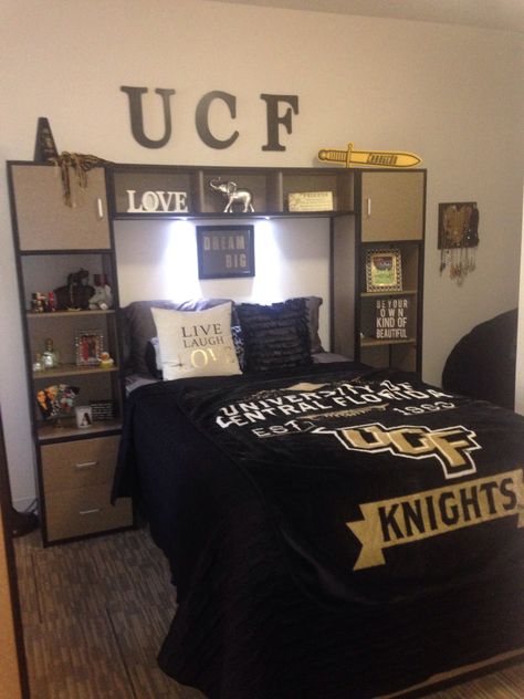 Several stores near UCF (Walmart, Target, Bed Bath & Beyond) have great UCF comforters like this one. (NorthView room pictured) Ucf Dorm Room Ideas, Ucf Dorm, Target Bed, House Necessities, Target Bedding, Daybed Sets, Popular Living Room, Dorm Room Bedding, College House