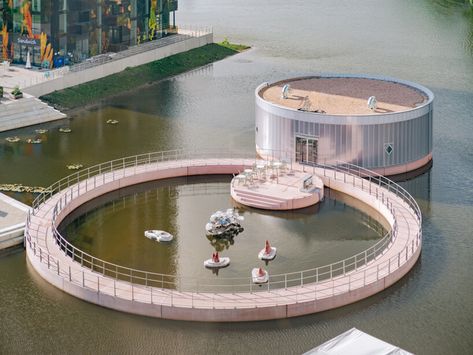 studio ossidiana's poetic art pavilion floats on water in almere Art Pavilion, Exhibition Room, Pavilion Design, Multimedia Arts, Expo 2020, New Museum, Floating In Water, New Town, Exhibition Space