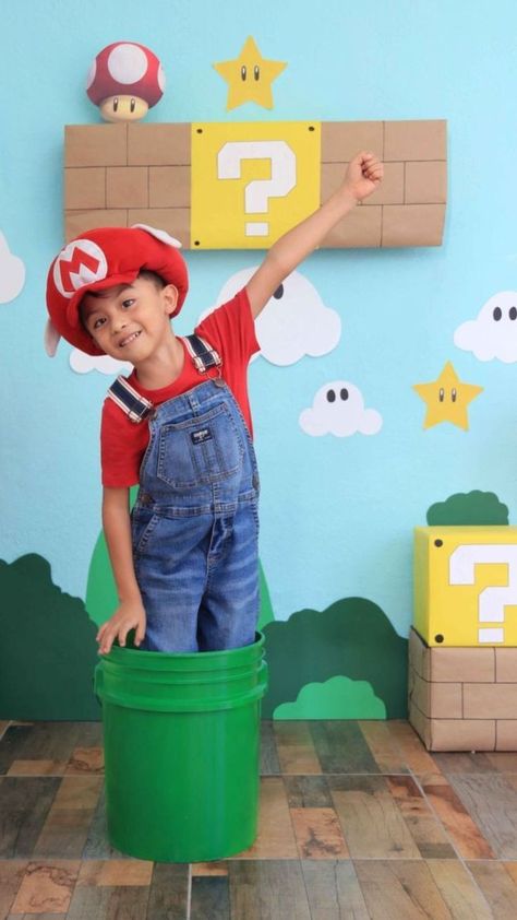 Super Mario Birthday Pictures, Diy Mario Photo Booth, Super Mario Bros Photoshoot, Mario Brick Block, Mario Birthday Photo Shoot, Super Mario Photo Shoot, Super Mario Bros Party Decorations, Mario Party Decor, Supermario Theme Party