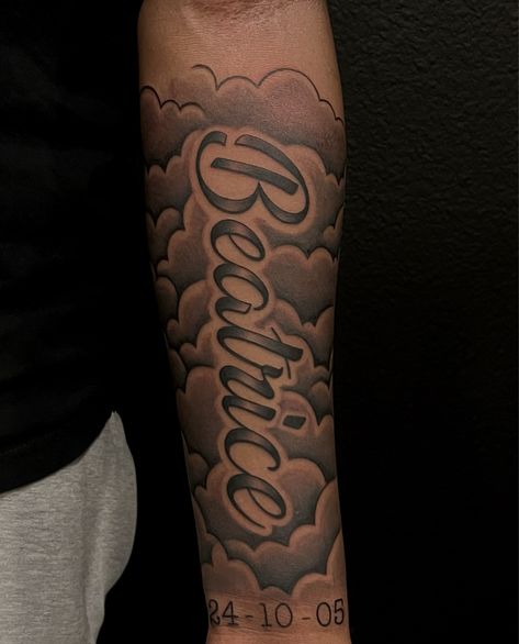 Tattoo uploaded by Jay • Clients grandmothers name as a memorial piece to start off a sleeve Tattoo Sleeve Quotes Men, Small Men Tattoos Arm, Rip Tattoos For Men Forearm With Clouds, Rip Sleeve Tattoos Guys, In The Loving Memory Of, Tattoo For People Who Died, Until Next Time Tattoo Ideas, Blocks Tattoo Design, Forearm Tattoos Names