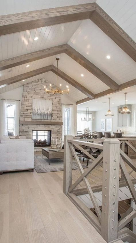 Big Tv Over Fireplace Ideas, Making Bedroom Look Luxurious, Barndominium Farmhouse, Rustic Farmhouse Interior, Art Deco Interior Design, Barn Style House, Farmhouse Interior, Exposed Beams, Barn House Plans