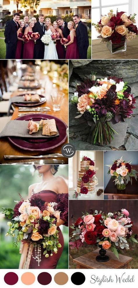 burgundy and peach rustic fall wedding colors ideas Burgundy Blush Black Wedding, Fall Wedding Colors September Rustic, Cabernet Fall Wedding, Plum And Burgundy Wedding, Mulberry Wedding Color Scheme, Cabernet Wedding Colors, Plum Fall Wedding, Burgundy And Peach Wedding, Burgundy And Black Wedding