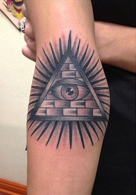 Pyramid tattoo done by Carrie Daniels. Pyramid Eye Tattoo, Pyramid With Eye Tattoo Design, Pyramid Eye Tattoo Design, All Seeing Eye Tattoo Triangle, Illumanti Tattoo Third Eye, Eye Tattoo Meaning, Pyramid Tattoo, All Seeing Eye Tattoo, Triangle Eye