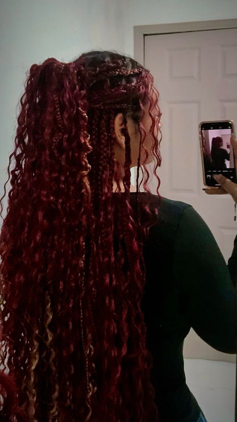 Boho Braids Updo, Short Curly Hair Updo, 4c Hair Styles, Red Braids, Red Box Braids, Black Curls, Colored Braids, Dyed Red Hair, Red To Blonde