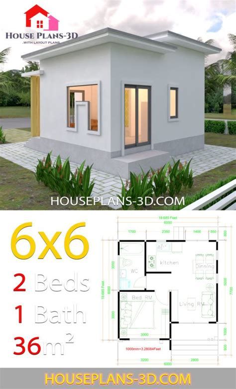 House Design Plans 5.5x6.5 With One Bedroom Flat Roof Roof Printable, Flat Roof House Plans, House Plans 3d, Gable Roof House, One Bedroom House Plans, Small Modern House Plans, Modern Courtyard, One Bedroom House, Flat Roof House