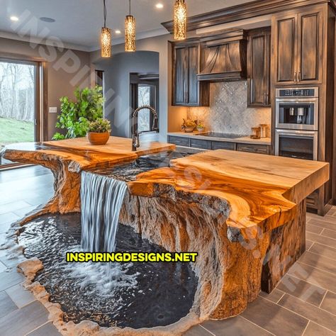 These Waterfall Kitchen Islands Will Turn Your Cooking Space into a Serene Oasis – Inspiring Designs Waterfall Island Kitchen, Seni Resin, Wood Logs, Easy Woodworking Projects, Rustic Kitchen, Dream Home Design, Wood Design, A Kitchen, Home Interior