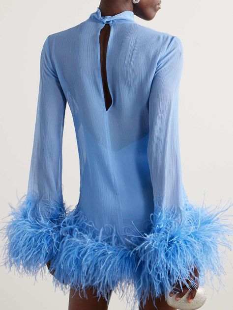 TALLER MARMO Gina Spirito feather-trimmed silk-crepon mini dress | NET-A-PORTER Feather Fringe Dress, Blue Dress With Feathers, Capri Party, Disco Formal, Sea Shell Dress, Bohemian Cocktail, Peacock Feather Dress, Palm Royale, Dress Feathers