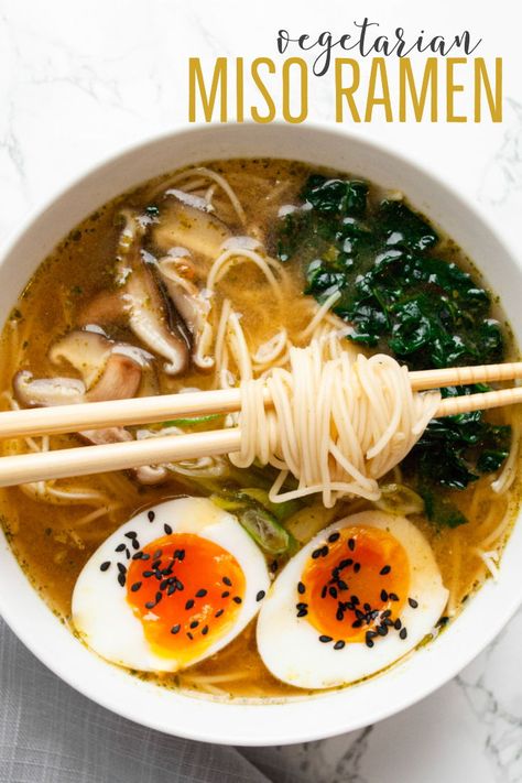 Vegetarian miso ramen is an easy anytime ramen recipe filled with miso, garlic, ginger, shiitake mushrooms, kale and a topped with a soft boiled egg. Easily adapted to vegan by swapping the egg for tofu, this comforting noodle bowl is ready to eat in 15 minutes. #vegetarian #miso #ramen #soup #noodles #easy #homemade Ramen Vegetarian, Healthy Ramen Recipes, Ramen Miso, Healthy Ramen, Miso Ramen, Vegetarian Meal Prep, Ramen Recipes, Ramen Bowl, Vegetarian Recipes Easy