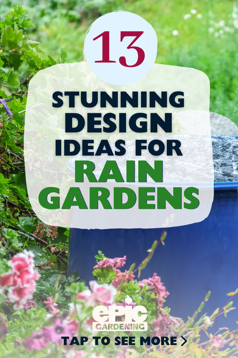 A large blue rain barrel filled with water in a flower garden Rain Spout Garden, Rainscaping Ideas Diy, Rain Gardens Ideas, Rain Water Garden Ideas, Rain Drainage Ideas Landscaping, Rain Water Garden, Rainscaping Ideas, Rain Garden Diy, Rain Garden Ideas