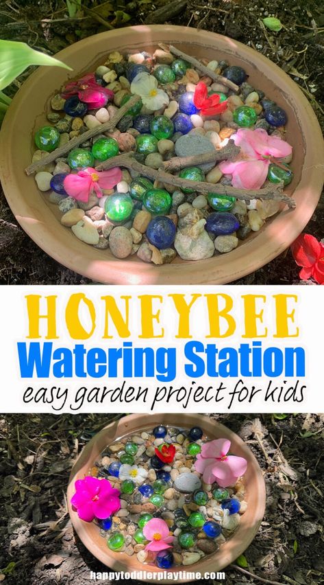 Bee Watering Station: Easy Garden Project for Kids - Happy Toddler Playtime Bee Bath Diy, Bee Watering Station, Garden Station, Bee Crafts For Kids, Activity Day Girls, Green Halloween, Preschool Planning, Water Station, Growing Gardens