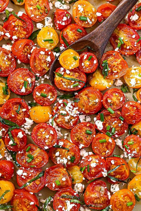 Baked Grape Tomatoes, Ranch Roasted Vegetables, Roasted Cherry Tomatoes With Feta, Sheet Pan Tomato Sauce, Cherry Tomato Feta, Lettuce Vegetable, Summer Side Dishes Recipes, Sausage Jambalaya, Cherry Tomato Recipes