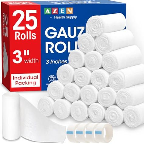 AZEN 25 Pack Gauze Rolls Bandages, 3 in x 4.1 Yards, Premium Medical Supplies & First Aid Supplies, Bandage Wrap Vet Wrap, Mummy Wraps Gauze Bandage, Mummy Wrap, Bandage Wrap, First Aid Supplies, Wound Care, Wilderness Survival, First Aid, Medical Supplies, Walking Dead