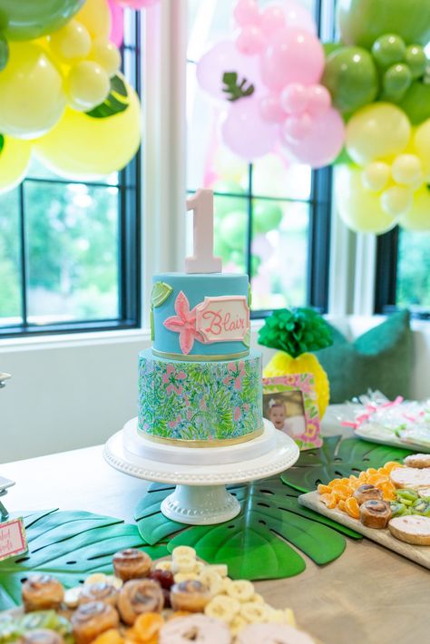 Lilly Pulitzer Themed Birthday Party, Lilly Pulitzer Baby Shower Ideas, Lilly Pulitzer Birthday Party, Lilly Pulitzer Birthday, Lilly Pulitzer Party, Lilly Party, Lilly Pulitzer Inspired, Twin First Birthday, Yellow Balloons