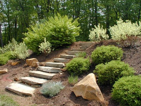 Lake Stairs, Backyard Hill Landscaping, Sloped Backyard Landscaping, Landscape Stairs, Landscaping On A Hill, Landscape Steps, Sloped Yard, Sloped Backyard, Stone Steps