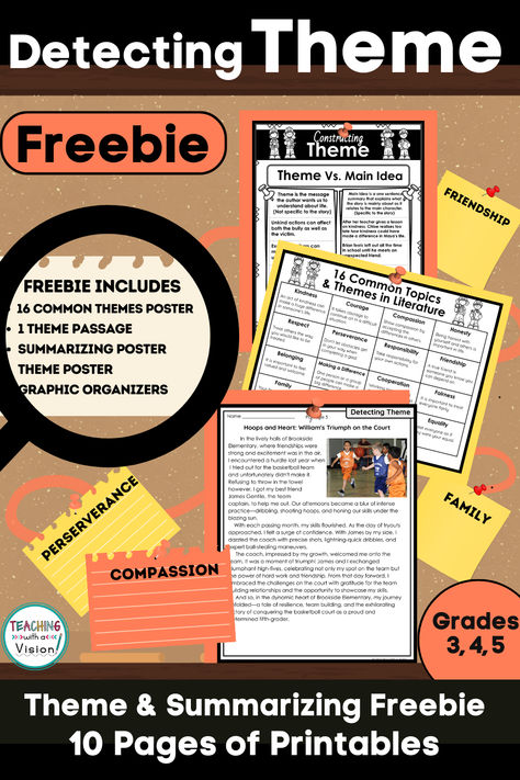 Freebie: Determining Theme & Summarizing 3rd, 4th, 5th Grade with Anchor Charts, Graphic Organizer, Theme Passage, Worksheet & 16 Common Themes Resource. Great to Introduce Theme! Myview Literacy, Summarizing Worksheet, Theme Anchor Charts, Theme Of A Story, 5th Grade Activities, Reading Comprehension For Kids, Mystery Writing, Teaching Themes, 4th Grade Reading