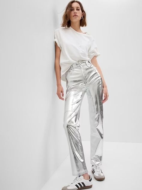 High Rise Vegan Leather Cheeky Straight Pants | Gap Silver Trousers, Metallic Trousers, Faux Leather Jeans, Silver Outfits, Silver Pants, Metallic Jeans, Metallic Pants, Ankle Length Jeans, Pant Trends