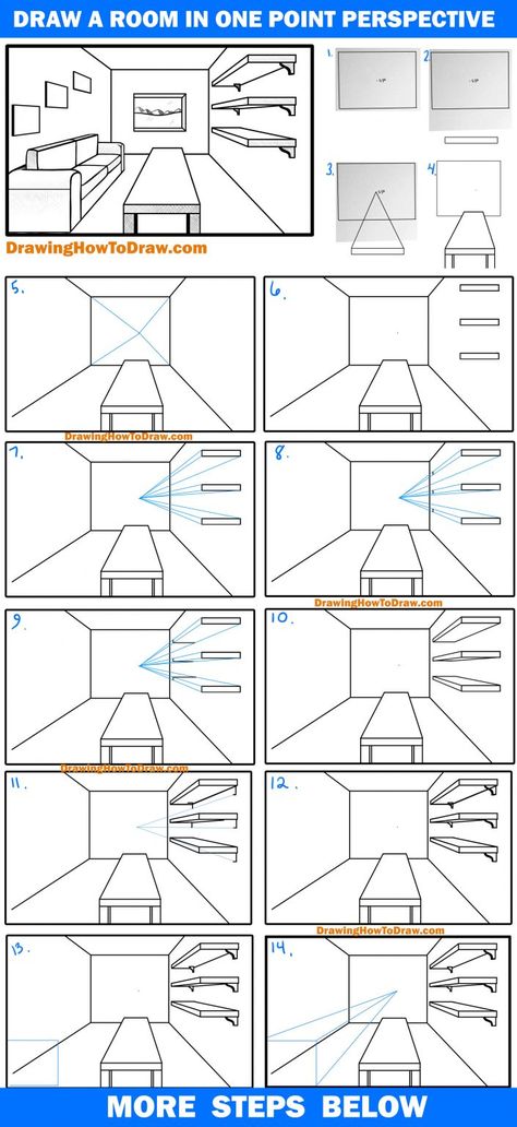 1 Point Perspective Drawing Step By Step, One Point Perspective Tutorial, How To Draw Perspective Room, How To Draw Prespective Sketches, 1point Perspective Drawing Easy, Step By Step Perspective Drawing, Practice Perspective Drawing, Draw Room Perspective, Perspective Tutorial Step By Step