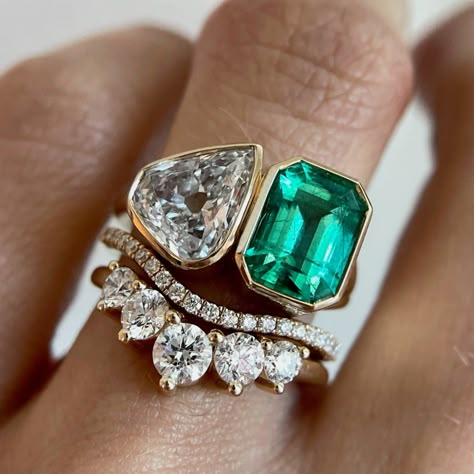 Large Emerald Engagement Ring, Unique Diamond Jewelry, Emerald And Diamond Engagement Rings, Coloured Gemstone Engagement Ring, Toi Et Moi Emerald And Diamond, Diamond With Emerald Side Stones, Toietmoi Ring, Dual Stone Engagement Ring, 2 Stone Rings