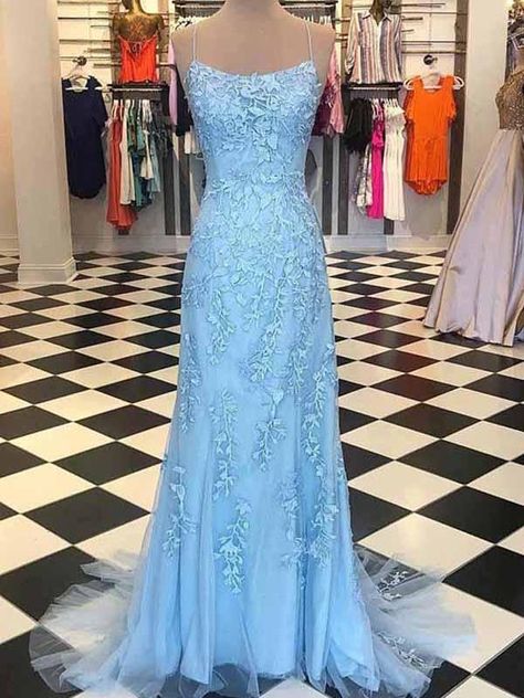 Prom Dresses Long Cheap, Blue Lace Prom Dress, Blue Mermaid Prom Dress, Light Blue Prom Dress, Cheap Prom Dresses Long, Prom Dresses Long Lace, Stunning Prom Dresses, Spaghetti Strap Prom Dress, Cheap Evening Dresses