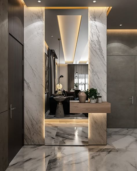 Entrance Mirror Wall, Lambriseringen Gang, Entrance Lobby Design, Entrance Mirror, Entrance Hall Decor, Lobby Interior Design, Entrance Furniture, Mirror Wall Bedroom, Modern Mirror Wall