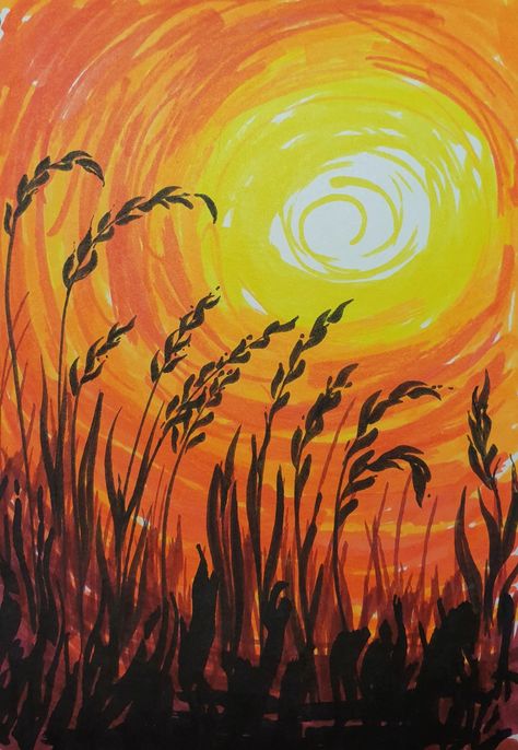 Flomasteri Art, Flomasteri Drawing, Sunny Sky Drawing, Felt Tip Drawings, Felt Tip Pen Art Drawings Easy, Sun Rise Drawing, Felt Tip Pen Art Drawings, Sun Set Drawing, Felt Pen Art