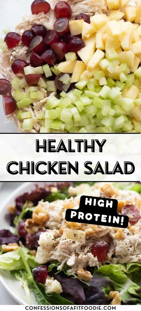 This Healthy Chicken Salad with Grapes Recipe perfect for meal prep, a potluck, or simply serve it for lunch on a sunny afternoon. Loaded with juicy chicken, tart slices of granny smith apples, sweet red grapes, crunchy celery, and just a touch of mayo and greek dressing to hold it all together, this healthier version of the classic chicken salad is delicious and packed with lean protein. Salad Calories, Homemade Chicken Salad, Easy Healthy Chicken, Chicken Salad With Grapes, Healthy Chicken Salad Recipe, Low Calorie Chicken, Chicken Salad Recipe Easy, Easy Chicken Salad, Grape Recipes