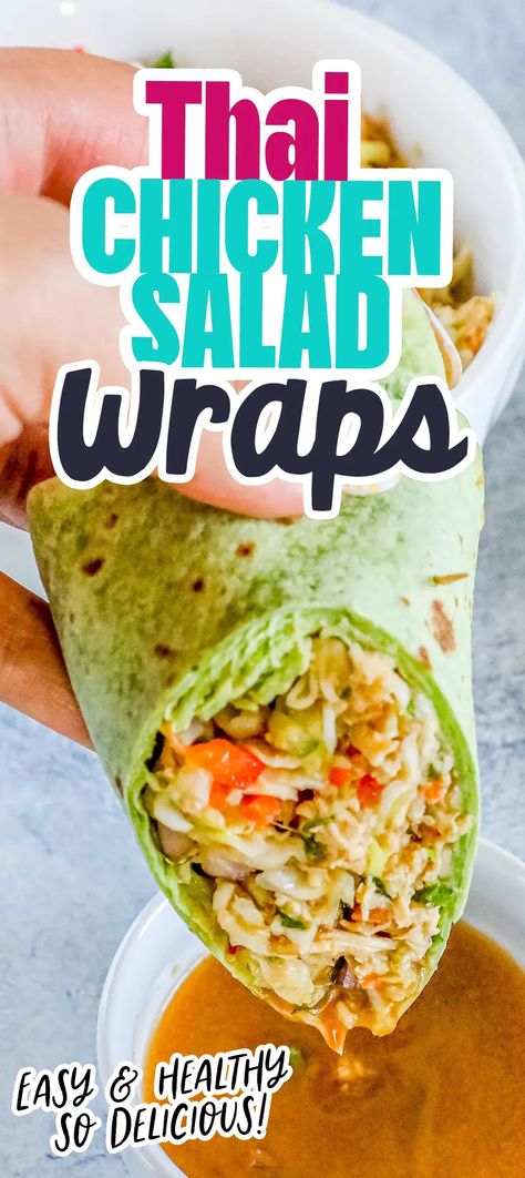 Easy Thai Chicken Salad Wrap - salads #salads Chicken Wrap Lunch, Chicken Tortilla Wraps, High Protein Chicken Salad, Thai Chicken Wraps, Easy Thai Chicken, Asian Chicken Wraps, Grilled Chicken Wraps, Ginger Salad Dressings, Salad Wrap