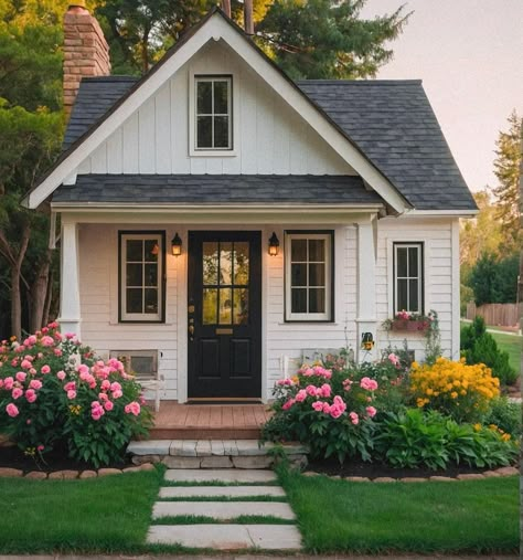 Cottage Core House Exterior, Small Cute House, Tiny Home Cottage, White Cottage Exterior, Cute Small Houses, Mini Cottage, Small House Exteriors, Small House Exterior, Cottage Tiny House