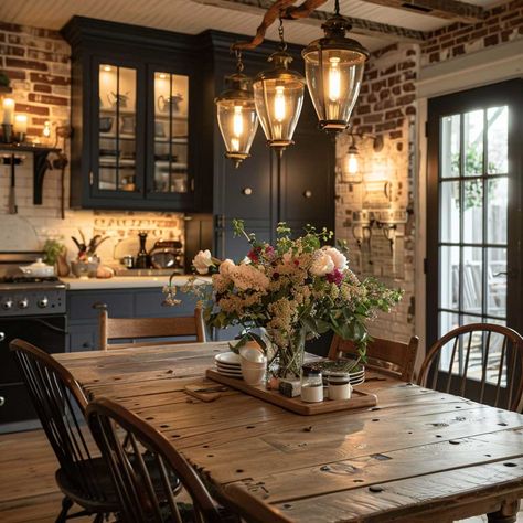 12+ Warm Over Dining Table Lighting Ideas for Farmhouse Kitchens • 333k+ Inspiring Lifestyle Ideas Rustic Dining Table Lighting, Cabin Chandelier Dining Room, Dining Room Lighting Not Over Table, Over Table Light Fixture Farmhouse, Dining Open To Kitchen, Farm Table In Kitchen, Rustic Farmhouse Chandelier Dining Rooms, Dining Table In Middle Of Kitchen, Cozy Eat In Kitchen