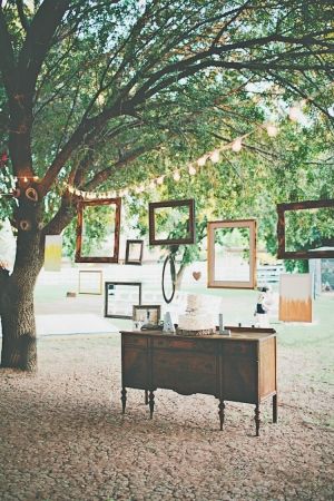 suspended frames over the cake table // photo by Cami Takes Photos Deco Champetre, Wedding Cake Table, Hanging Picture Frames, בר מצווה, Wedding Cakes Vintage, Forest Wedding, Cake Table, Event Styling, Backyard Wedding