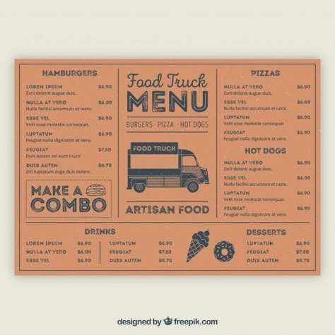 Classic food truck menu with hand drawn ... | Free Vector #Freepik #freevector #food #vintage #menu #coffee Food Truck Menu Ideas, Breakfast Food Truck, Menu Vintage, Menu Sans Gluten, Pizza Food Truck, Menu Design Inspiration, Diner Menu, Food Truck Menu, Cafe Menu Design