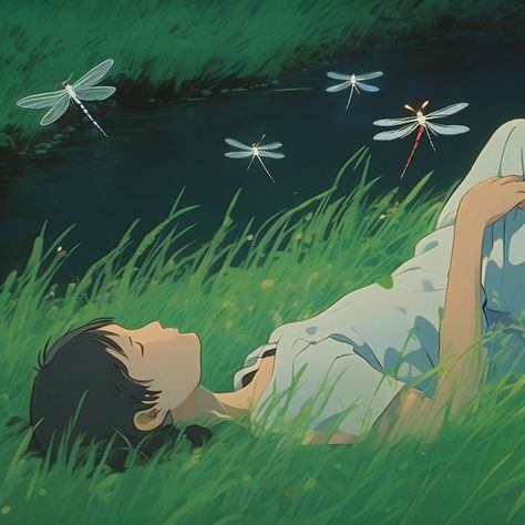 A close up of a person's face sleeping on grass by the river, dragonfly next to the person on a grass, in gouache detailed paintings, by Kobayashi Kiyochika, inspired by Yeong-Hao Han, studio ghibli smooth concept art, in a forest at night, studio ghibli concept art, ( ( makoto shinkai ) ), studio ghibli painting, by Yi Inmun River Side Drawing, Person Sleeping Illustration, Studio Ghibli Environment Art, Studio Ghibli Sleeping, Grass Close Up, Anime Grass Field, Studio Ghibli Spring, Ghibli Artstyle, Night Studio Ghibli