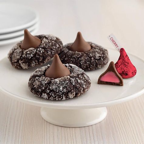 Make these decadent and delicious cookies with HERSHEY’S KISSES Milk Chocolates with Cherry Cordial Creme Candies. Chocolate Cherry Blossoms, Chocolate Christmas Candy, Hershey Recipes, Kiss Cookie Recipe, Hershey Kiss Cookies, Hershey Kisses Chocolate, Cherry Cordial, Kisses Candy, Cherry Cookies