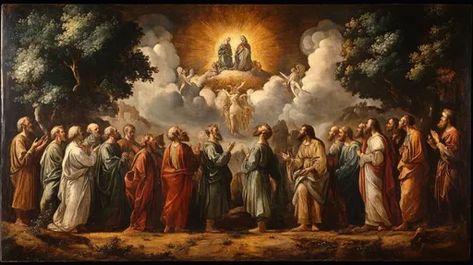 ↑↑↑ Larger size on website 🔸 The painting depicts the Assumption of Mary.  A group of apostles, dressed in flowing robes, stand i