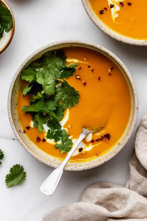 Curried Butternut Squash And Sweet Potato Soup Potato Soup Coconut Milk, Soup Coconut Milk, Squash And Sweet Potato Soup, Butternut Squash And Sweet Potato, Spicy Butternut Squash, Curried Sweet Potato Soup, Curried Butternut Squash, Butternut Squash Sweet, Butternut Squash Curry