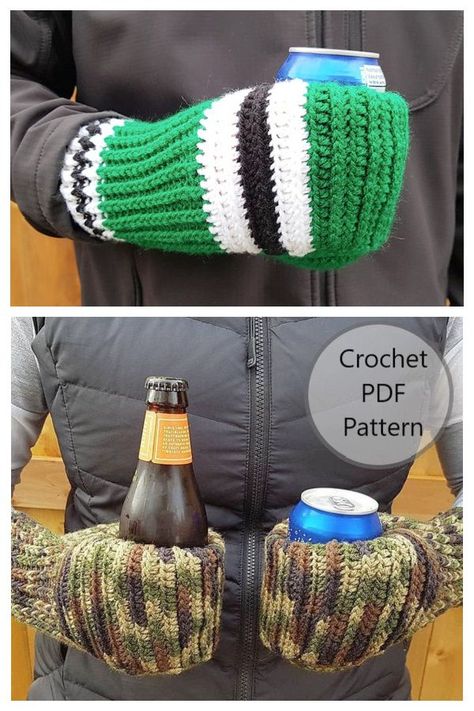 Beer Mitten Cozy Crochet Patterns Crochet Drink Mittens, Crochet Drink Mitten Pattern Free, Beer Can Mitten Crochet Pattern Free, Drink Mitten Pattern Free, Crochet Beer Mitten Pattern Free, Crochet Drink Mitt Free Pattern, Beer Cozy Crochet Pattern, Crochet Gift For Men, Crochet For Men Gift Ideas